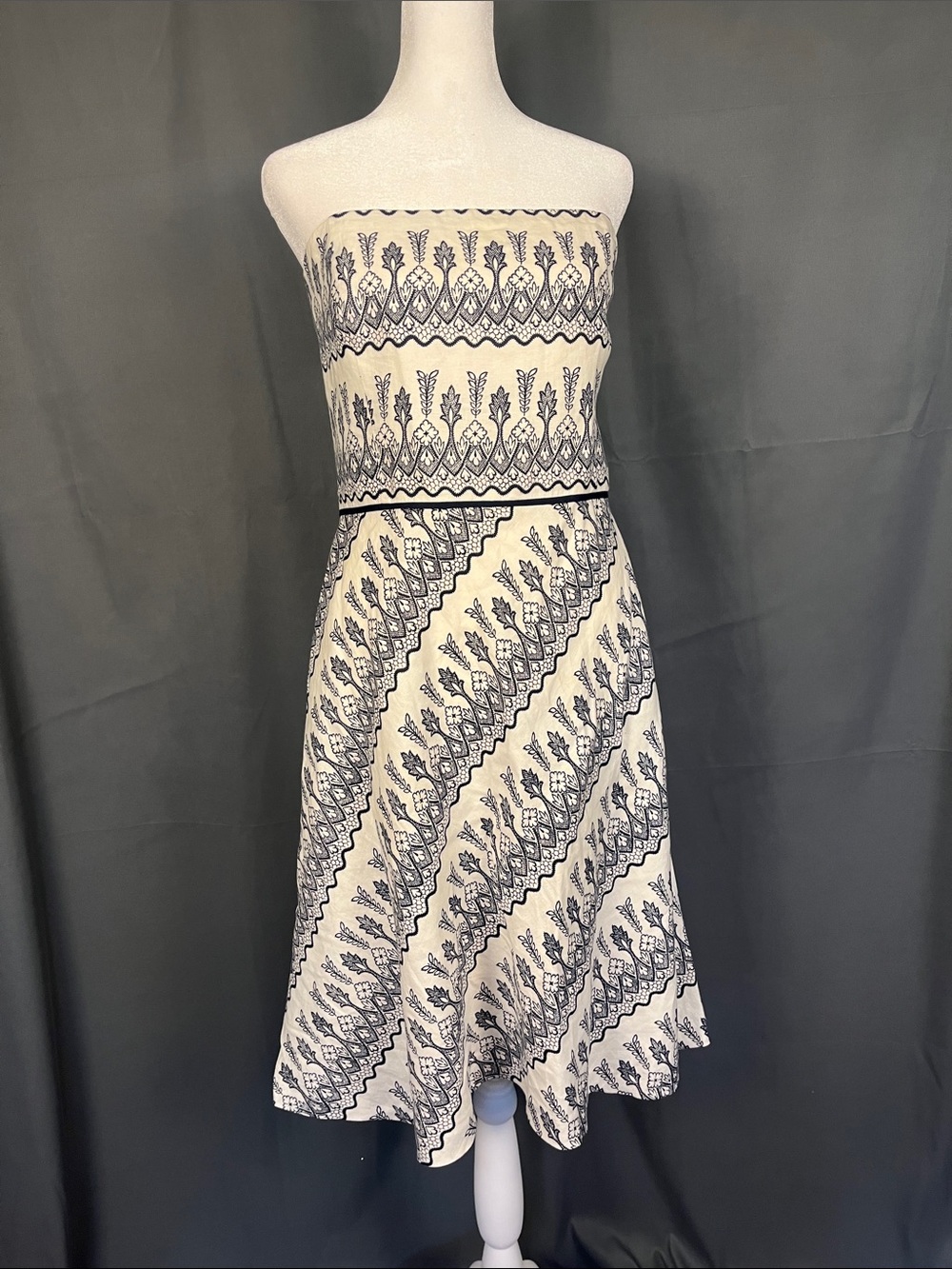 Ann Taylor Loft Petite Strapless Cream Dress with Navy Botanical Print